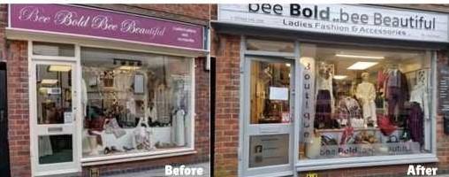 Before and after photos of a shop front