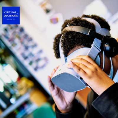 Child using a white VR headset in a classroom