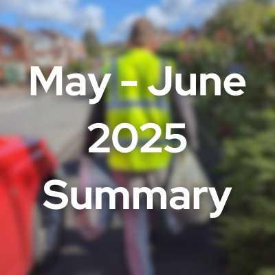 A person in a yellow vest walks along a path, with the text "May - June 2025 Summary" overlaying a blurred background.