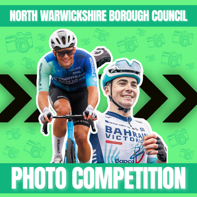 A vibrant graphic promoting the North Warwickshire Borough Council photo competition, featuring cyclists in action against a green background.