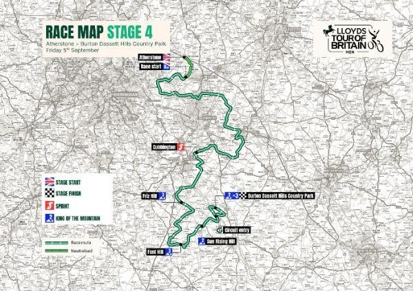 Map of Race Stage 4 for the Lloyds Tour of Britain, showing the route from Atherstone to Burton Dassett Hills Country Park.