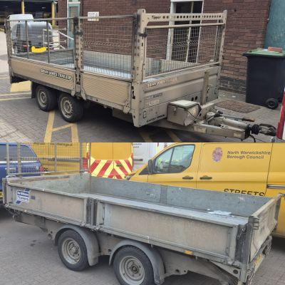 Two images of a metal trailer: the top shows a high-sided trailer with a cage, and the bottom features a standard flatbed version.