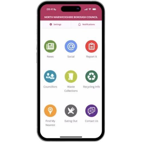 Smartphone displaying the North Warwickshire Borough Council app, featuring buttons for news, social, reports, and local services.