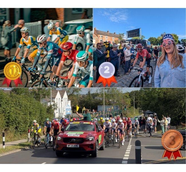 Collage of three cycling race scenes showing first, second, and third place finishes, with medal icons indicating rankings.