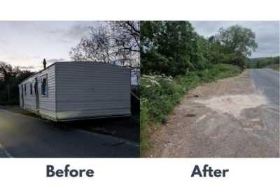Before and after image of static caravan dumped on Woodford Lane