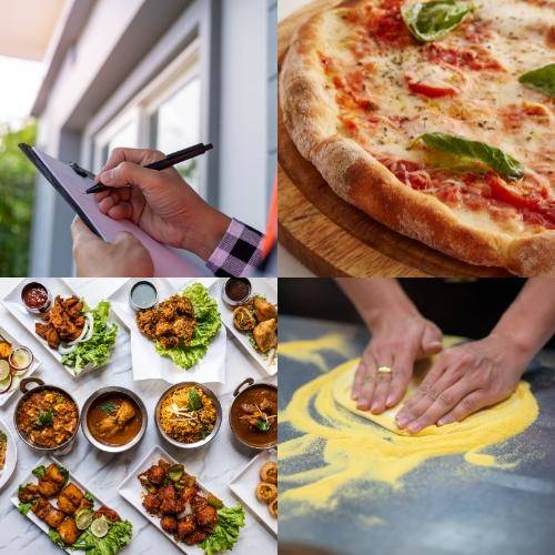 Various foods such as pizza and pizza dough being stretched, an inspector holding a clipboard.